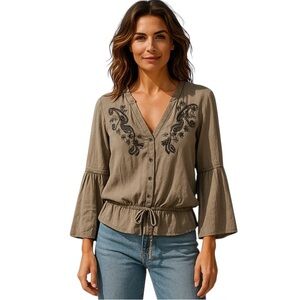 New! DEMOCRACY Khaki Embroidered Soft & Comfy blouse with Bell sleeves Size M